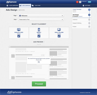 AdEspresso app - step 2 campaign creation screenshot
