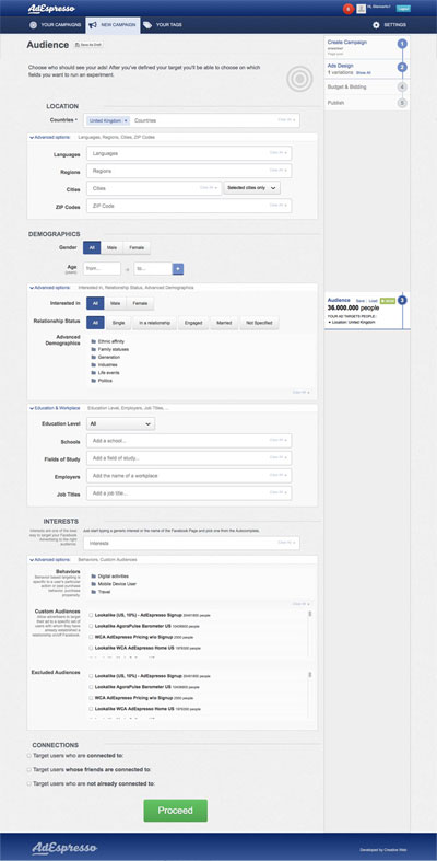 AdEspresso app - step 3 campaign creation screenshot