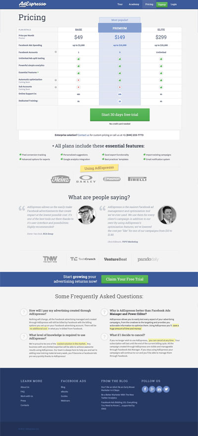 adespresso website - pricing page